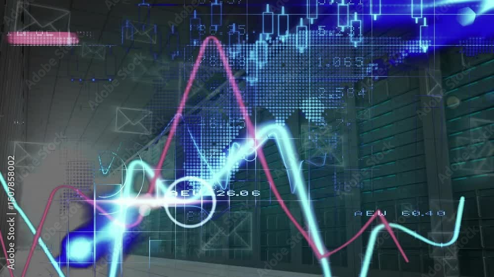 Poster thin cyan and magenta lines emerging at corridor left, sweeping upward over map showing data trends