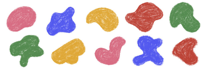 Chalk abstract shape set. Organic blobs with crayon texture. Irregular aesthetic empty message background. Scribble text box. Pencil minimalistic color blob. Kids freehand vector illustration isolated