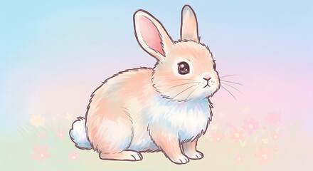 Adorable Pastel Bunny Rabbit in Flower Meadow Cute Cartoon Illustration