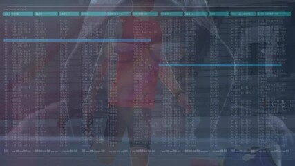 Hacker typing generating tech metrics overlaying gym corridor while athlete fetching training gear - Powered by Adobe