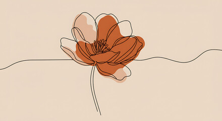 Abstract Line Art Flower Drawing Minimalist Botanical Illustration in Terracotta and Beige Tones