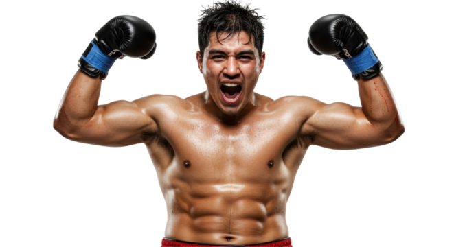 Triumphant boxer celebrates victory in studio setting against black background - Powered by Adobe