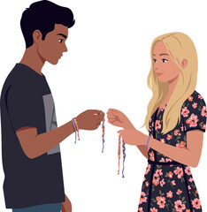 Young man and woman exchanging friendship bracelets in casual summer style vector illustration 