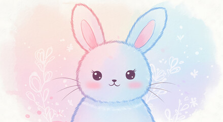 Obraz premium Adorable Pastel Bunny Rabbit Watercolor Illustration Cute Fluffy Hare in Soft Colors Floral