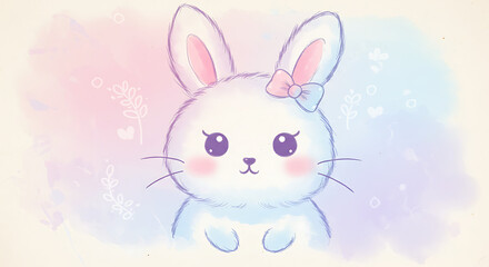 Adorable Pastel Bunny Rabbit Illustration Cute Cartoon Hare with Bow Watercolor Background
