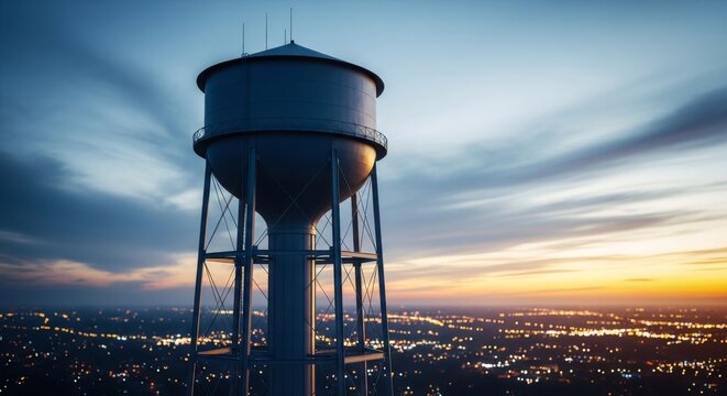 Urban water tower silhouette at dusk with city lights in the background. Municipal water supply and infrastructure concept. - Powered by Adobe