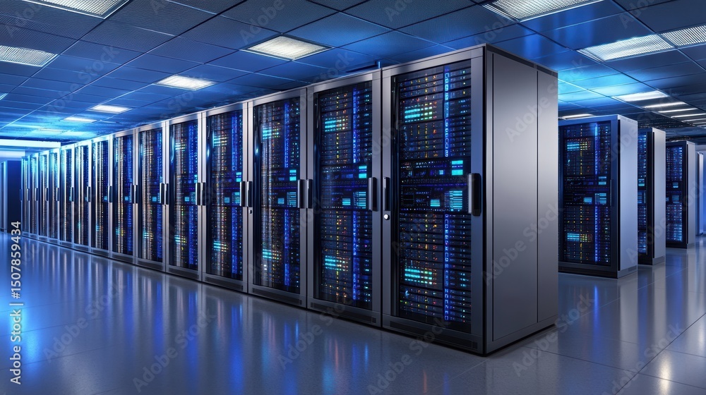 Poster high tech data center featuring rows of server racks illuminated by blue led lights, showcasing adva