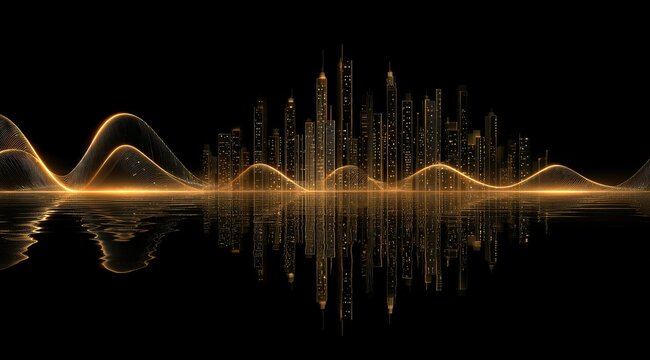 Golden city skyline reflected in dark water, shimmering energy waves at base, creating an elegant, futuristic, and somewhat abstract cityscape