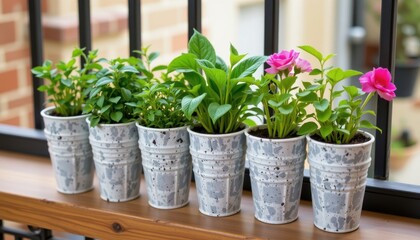 a planter built from stacked plastic yogurt cups, spray coated in stone textured paint and sealed, used for herbs or tiny flowering plants, perfect for small balconies.