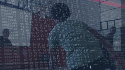 Male athlete dribbling basketball in gym sparking code overlay mapping sports analytics data - Powered by Adobe