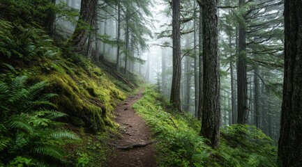 Fototapeta premium Misty forest trail winds uphill, moss-covered earth hugs a path flanked by tall, slender trees shrouded in fog, lush ferns line the way