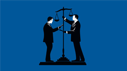 Obraz premium Businessmen Balancing Scales of Justice Concept of Legal Negotiation and Fair Deal