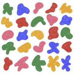 Chalk abstract shape set. Organic blobs with crayon texture. Irregular aesthetic empty message background. Scribble text box. Pencil minimalistic color blob. Kids freehand vector illustration isolated