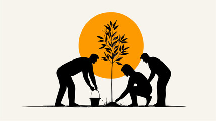 Obraz premium Collaborative Tree Planting Silhouette of Teamwork and Environmental Stewardship at Sunset