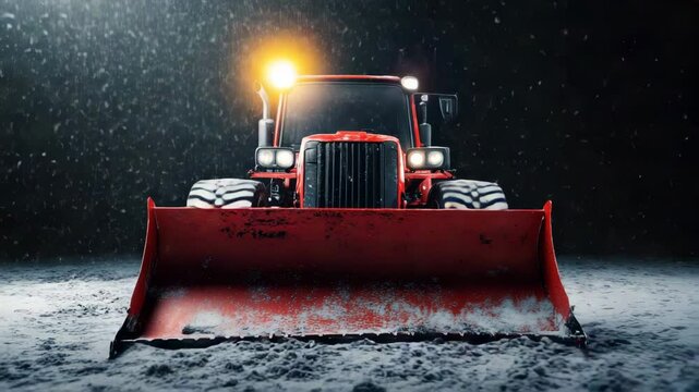 Red snowplow tractor with headlights on clearing snow at night in heavy snowfall, powerful winter vehicle working hard in harsh conditions with intense snowplow and heavy machinery action