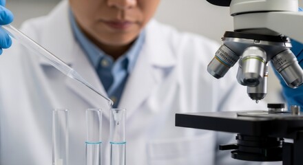 Man scientist analyzing water sample under microscope. Urban water quality testing concept. Researcher dropping liquid into test tube for contamination.