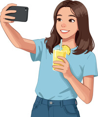 Young woman taking selfie holding glass of yellow juice with lemon slice vector illustration 