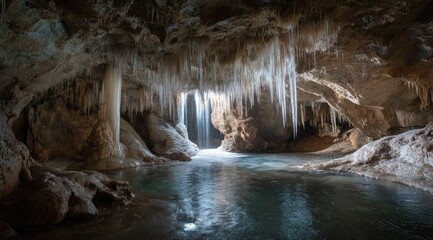Naklejka premium Icy cave interior with a pool of water reflecting light, numerous ice formations hanging from the ceiling, and a waterfall visible through an opening