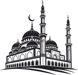 Obraz premium Grand Mosque Silhouette with Onion Domes, Minarets, and Crescent Moon on White Background