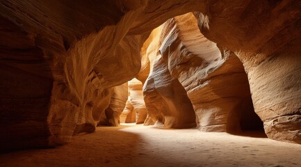 Sunlight illuminates a narrow, winding sandstone canyon, showcasing smooth, sculpted walls and a sandy floor, creating a dramatic, earthy, and mysterious atmosphere