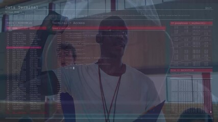 Coach raising fist signaling students squatting in gym as overlay updating code until PASS - Powered by Adobe