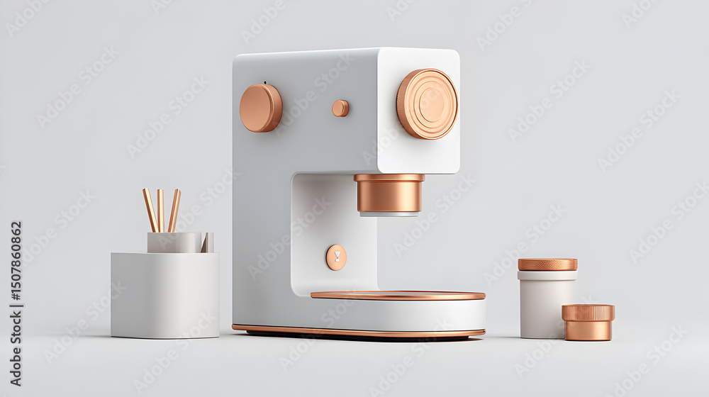 Poster a modern coffee maker design with a minimalist aesthetic. this design has a white color scheme with 