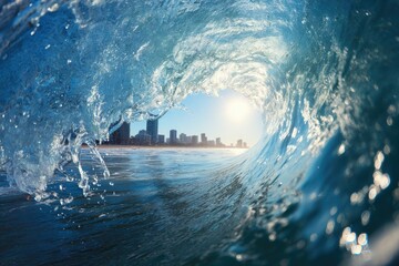 A colossal, translucent ocean wave curls, revealing a sunlit cityscape through its watery embrace.  The wave's interior is textured with froth and spray, showcasing the power and beauty of nature