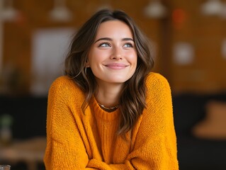 woman smiling while watching inspirational testimonial online