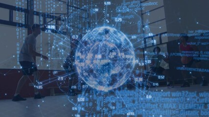 Basketball team practicing drills after passing while holographic data globe spinning above court - Powered by Adobe