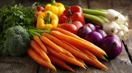 Vibrant assortment of fresh vegetables including carrots, bell peppers, broccoli, onions, and tomatoes displayed on a rustic wooden surface