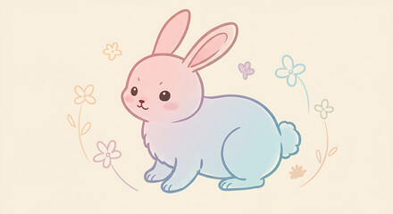 Obraz premium Adorable Pastel Bunny Rabbit Surrounded by Delicate Flowers Springtime Illustration
