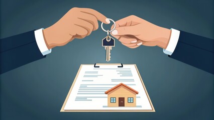 first  time homebuyer loan concept. Hands exchanging keys over a property contract illustration.