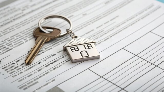 first  time homebuyer loan concept. House keys on paperwork representing real estate transactions.