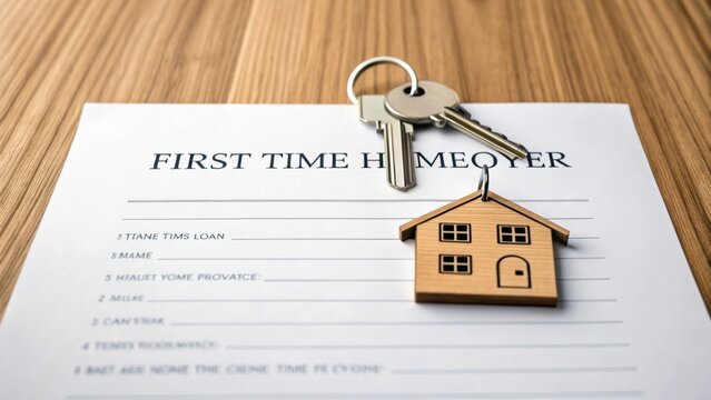first  time homebuyer loan concept. Homeownership paperwork with keys and house keychain on a wooden surface.