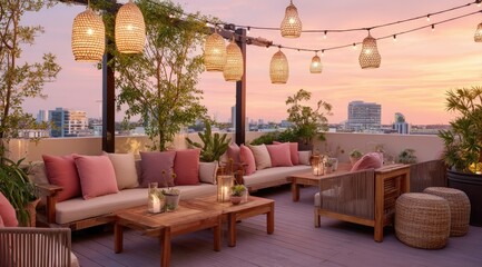 Rooftop lounge at sunset, featuring beige sofas with pink cushions, wooden coffee tables, woven lanterns, string lights, and potted plants, overlooking a cityscape