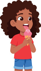 Child enjoying pink ice cream cone in red shirt and blue shorts vector illustration 