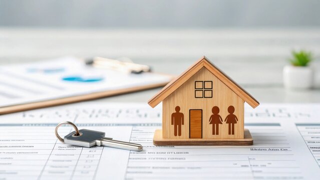 first  time homebuyer loan concept. Model house with figures and keys on a document background.