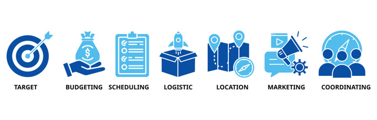 Event management icon set illustration contain target, budgeting, scheduling, logistic, location, marketing and coordination.