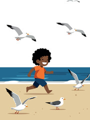 Boy running on beach with seagulls flying and walking near ocean shore vector illustration 