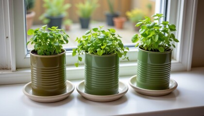 a planter trio built from aluminum spray cans, sanded and painted in matte olive green, with drainage holes and matching ceramic drip trays, designed for herbs on kitchen windowsills.