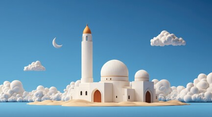A stylized 3D rendering of a white mosque on a small island amidst fluffy clouds under a clear blue sky, featuring a crescent moon