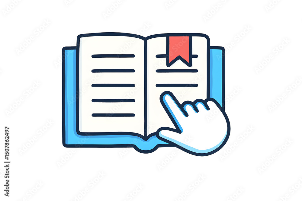 Poster Illustrated open book icon with a hand pointer and a bookmark symbol, representing learning, research, and academic resources.