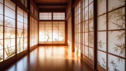 Serene traditional japanese interior with shoji screens and natural light