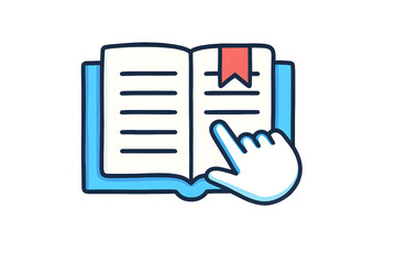 Illustrated open book icon with a hand pointer and a bookmark symbol, representing learning, research, and academic resources.