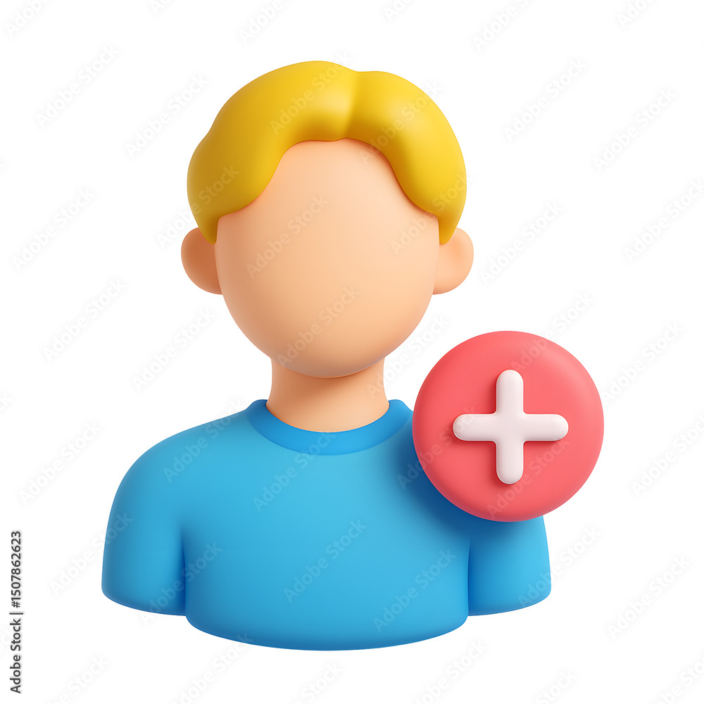 Poster A 3D rendered, minimalist user profile avatar icon in blue, with a red circular button depicting a plus sign, representing adding or interacting on a social media or digital platform.