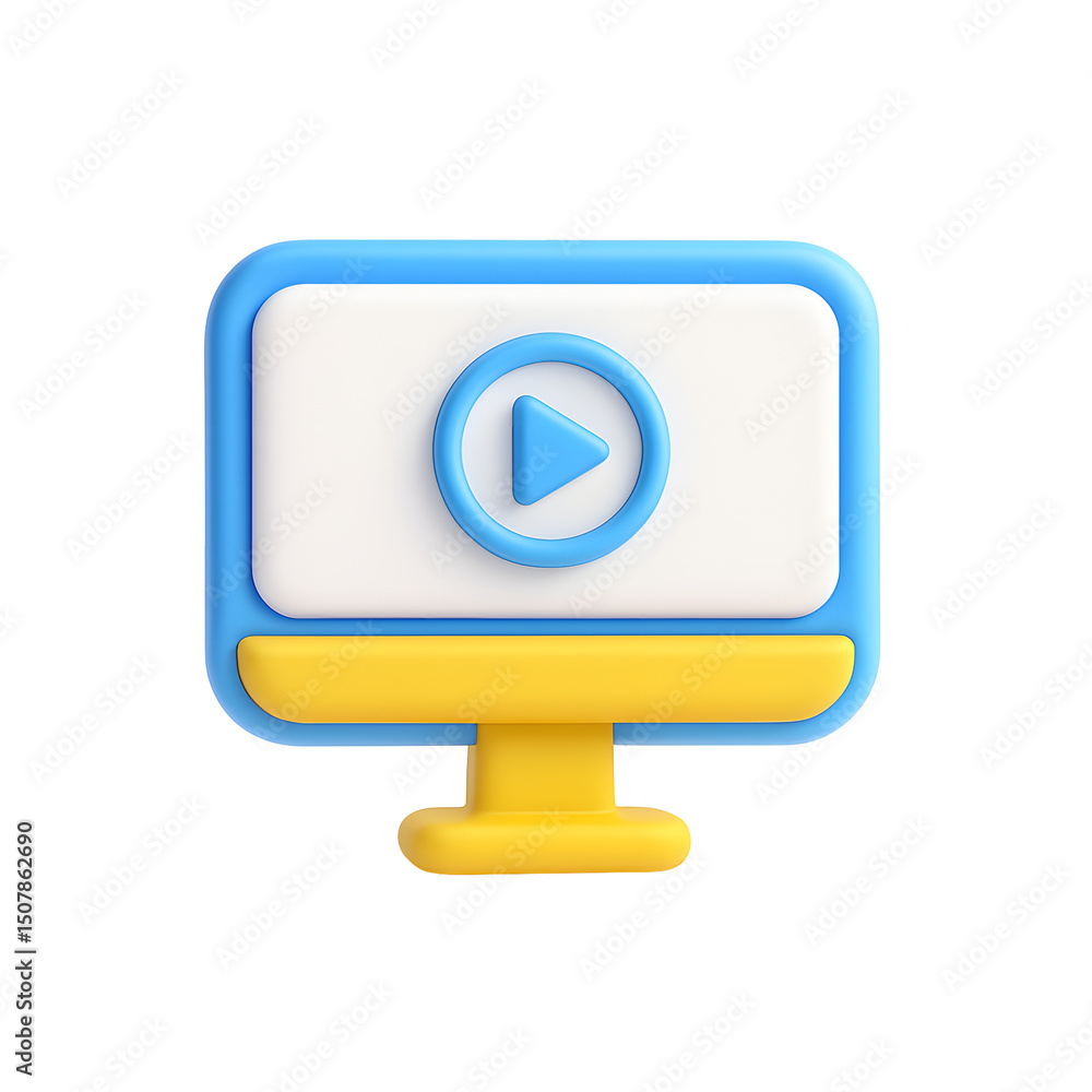 Poster digital social media interface with a video player icon and simple, minimalist design in blue and ye