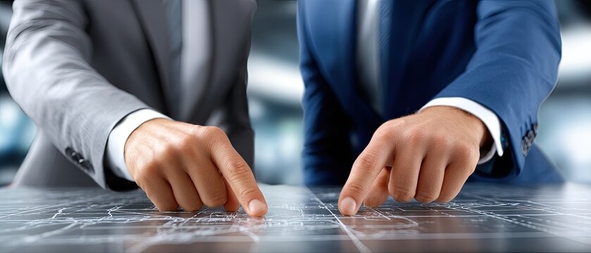 business negotiation planning concept. Two business professionals interacting with a digital interface, pointing toward data visuals.