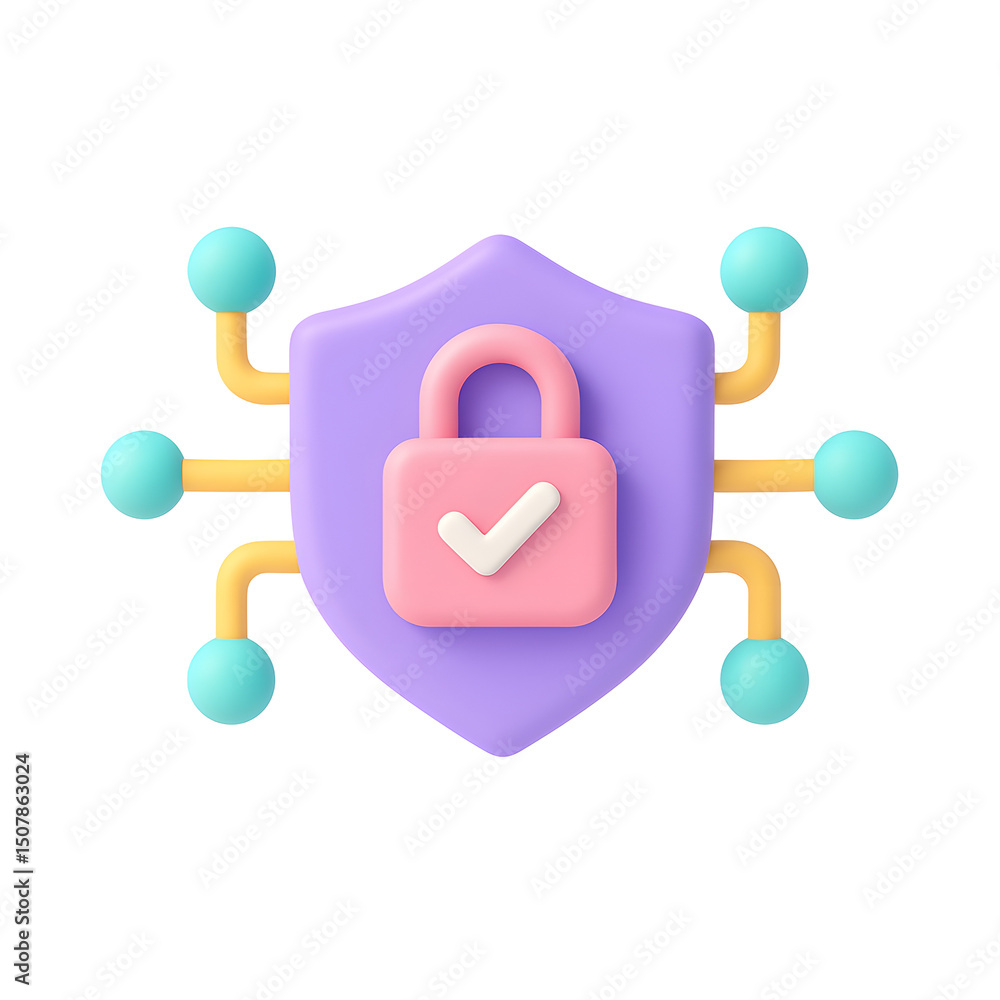 Leinwandbilder stylized 3d rendering of a colorful digital shield with a lock icon, symbolizing online security and