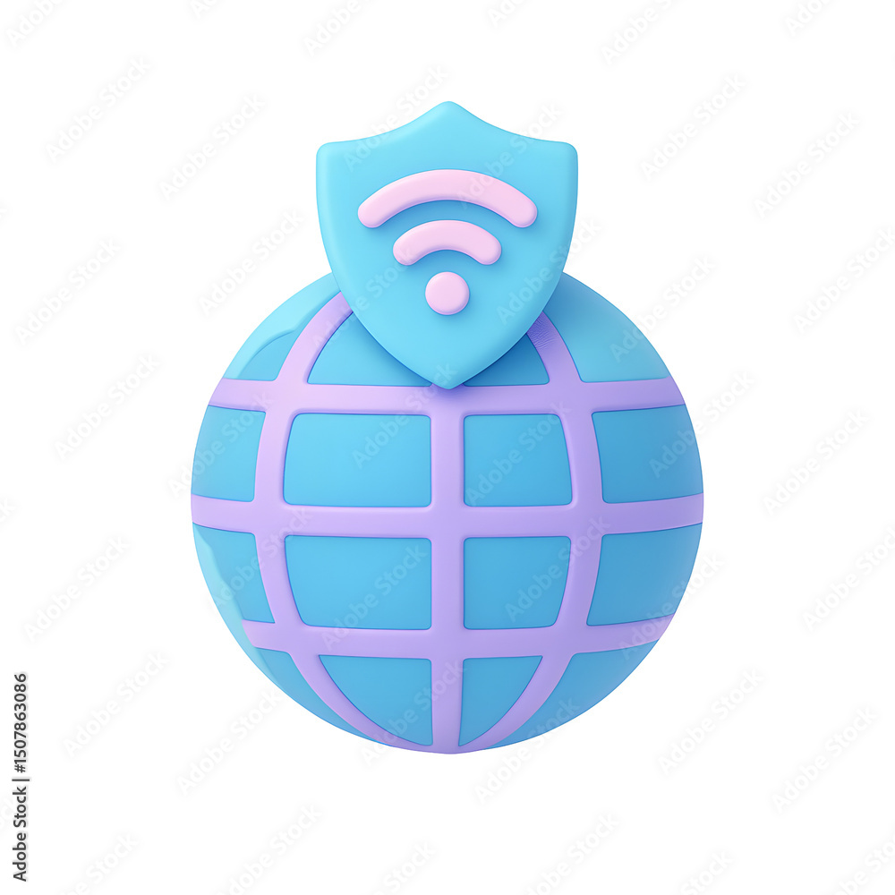 Poster a stylized 3d icon depicting a global network with a protective shield, representing virtual private