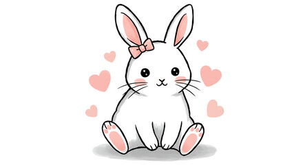 Obraz premium Adorable White Bunny Rabbit Cartoon Illustration with Hearts Kawaii Style Design